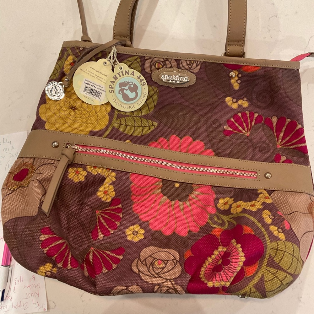 NEW SPARTINA 449 DAUFUSKIE ISLAND FLORAL HANDBAG TOTE NATURAL LINEN LEATHER TRIM